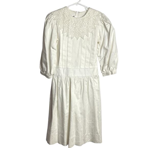 Vintage Sylvia Whyte Dress Girls 7 White Lace Collar Pleated Cottagecore Prairie - Picture 1 of 6